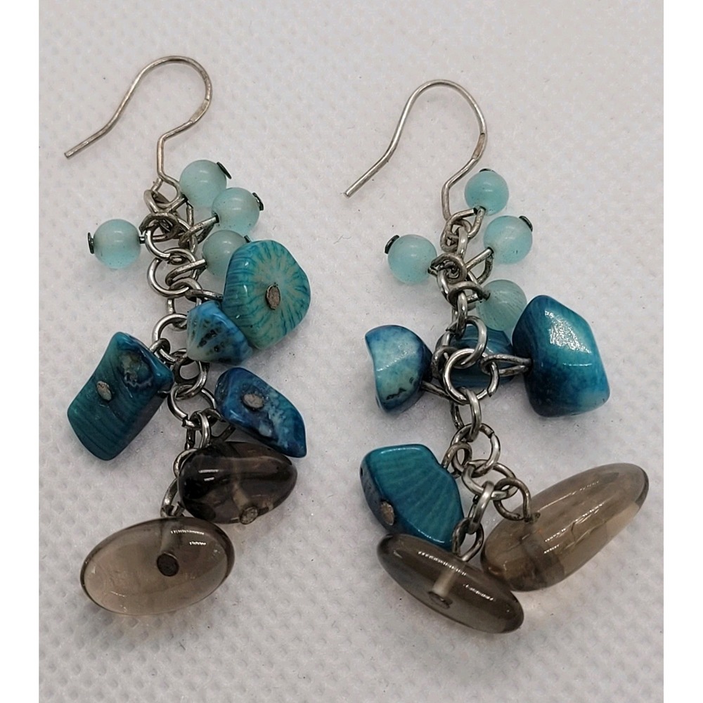 925 Sterling Silver Turquoise Shell Smoky Quartz Cha Cha Dangle Earrings